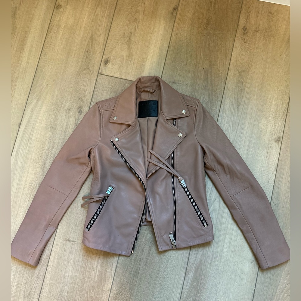 All Saints Leather Dalby Biker Jacket Cloud Pink
